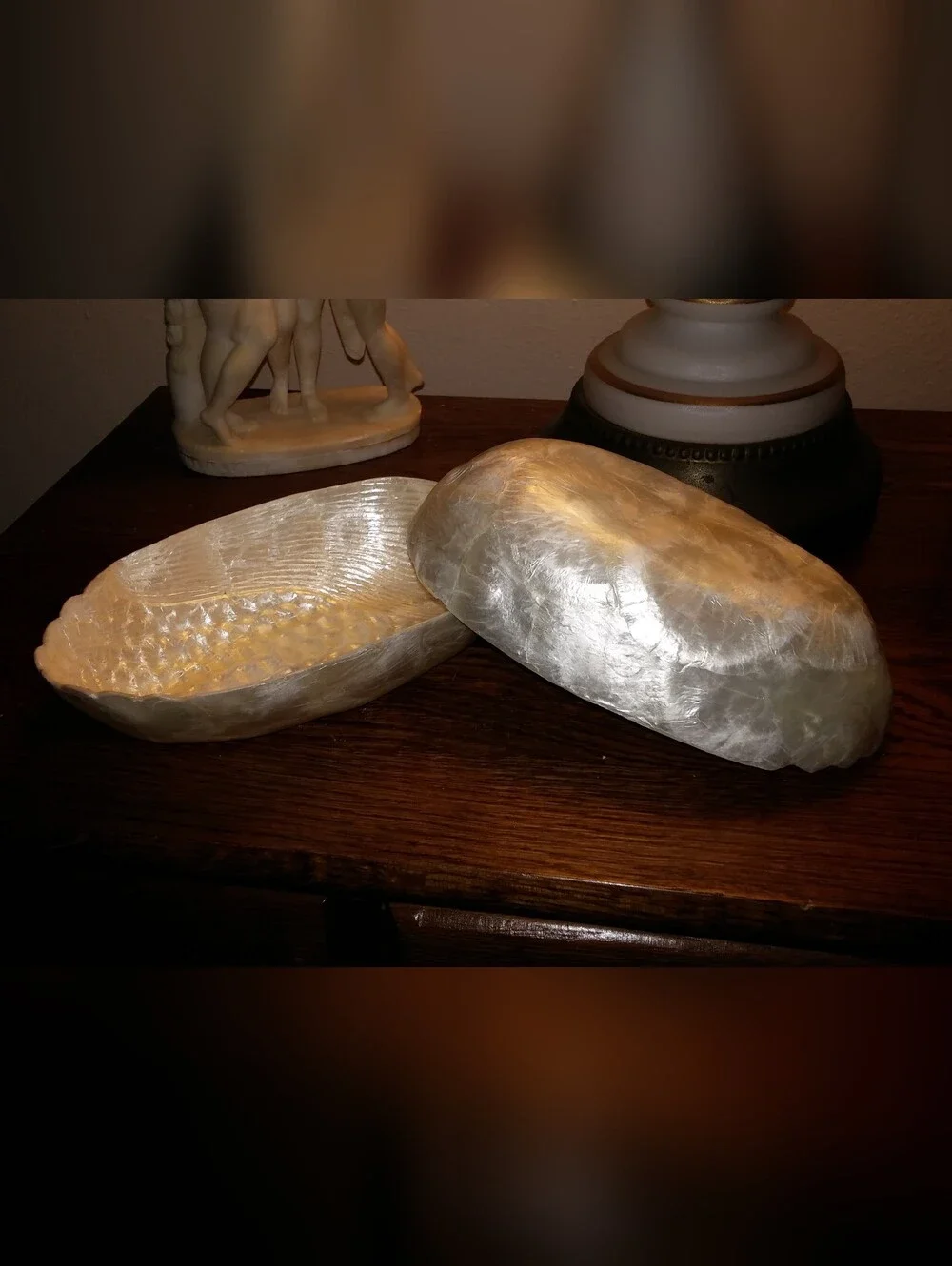 Antique Iridescent Nacre Oblong Bowls Intricate Corn Design Set of 2, 6 1/8